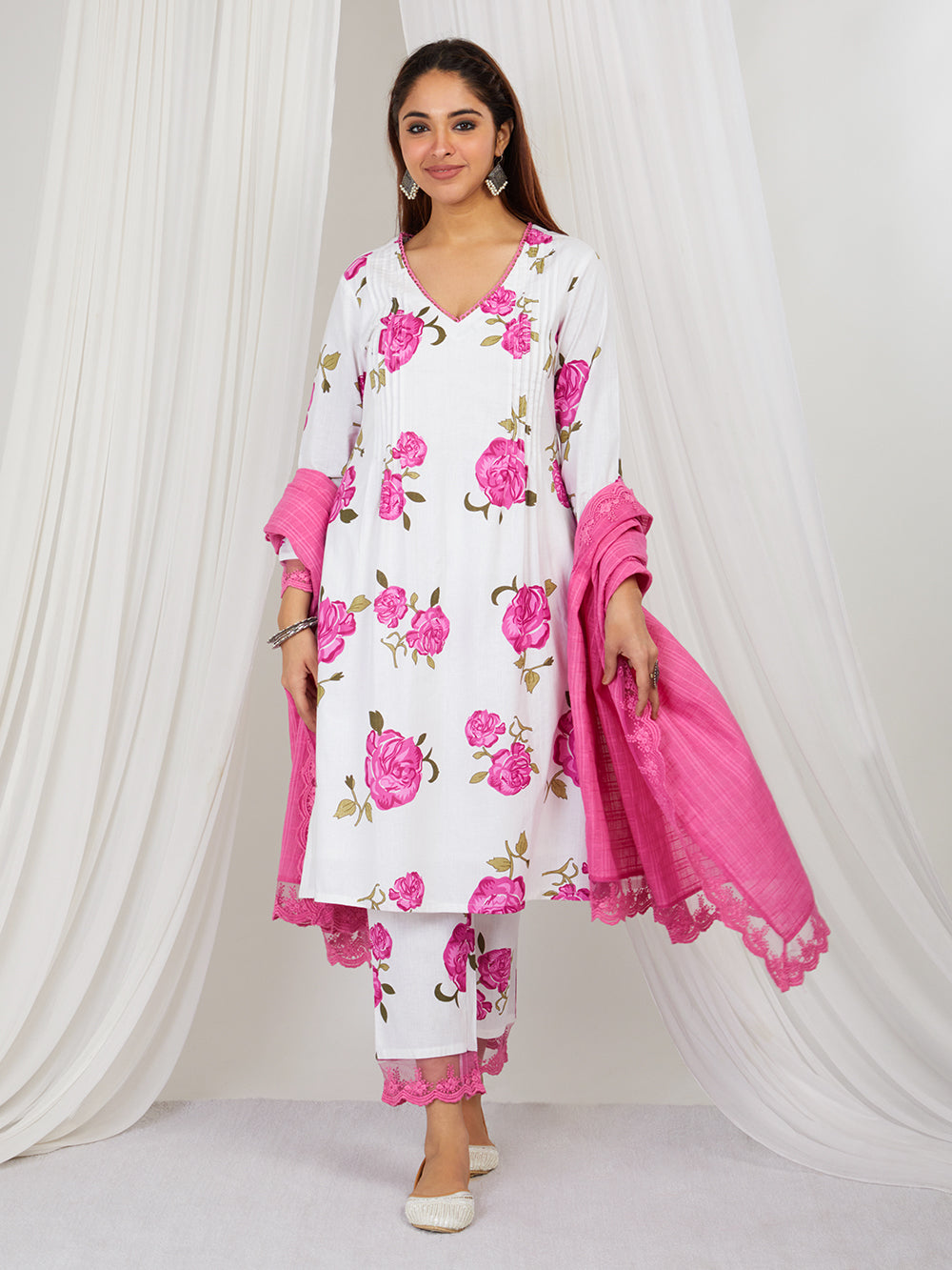 Pink  Hand Block Printed Cotton Suit - Set of 3