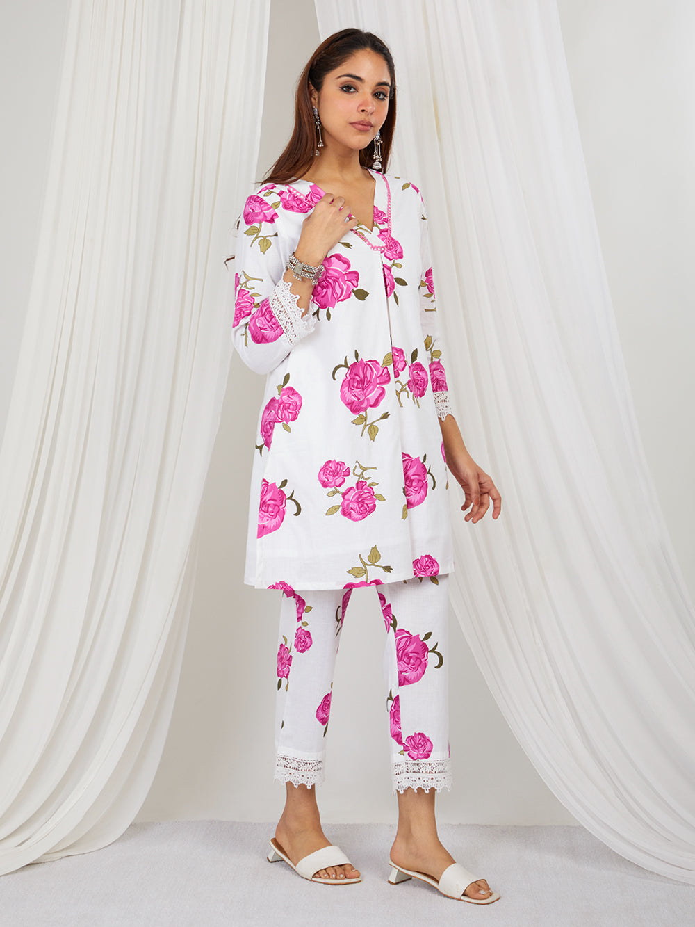 Pink & White hand printed Co-ord set of 2