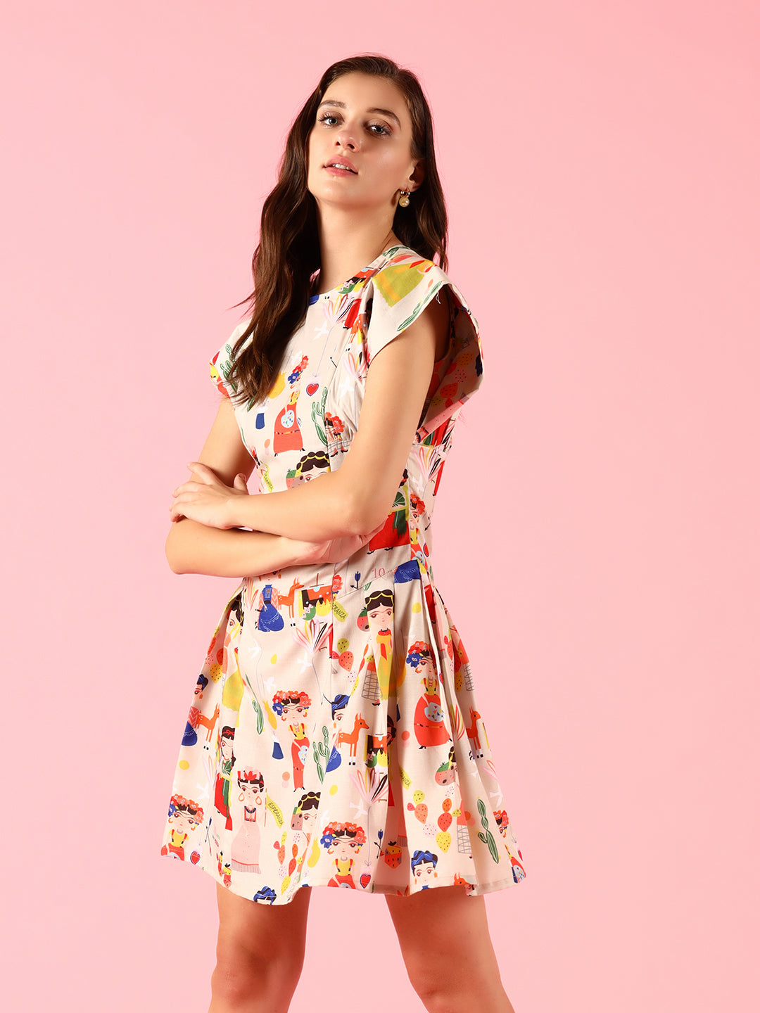 Flared Pleated Cartoon Print Dress