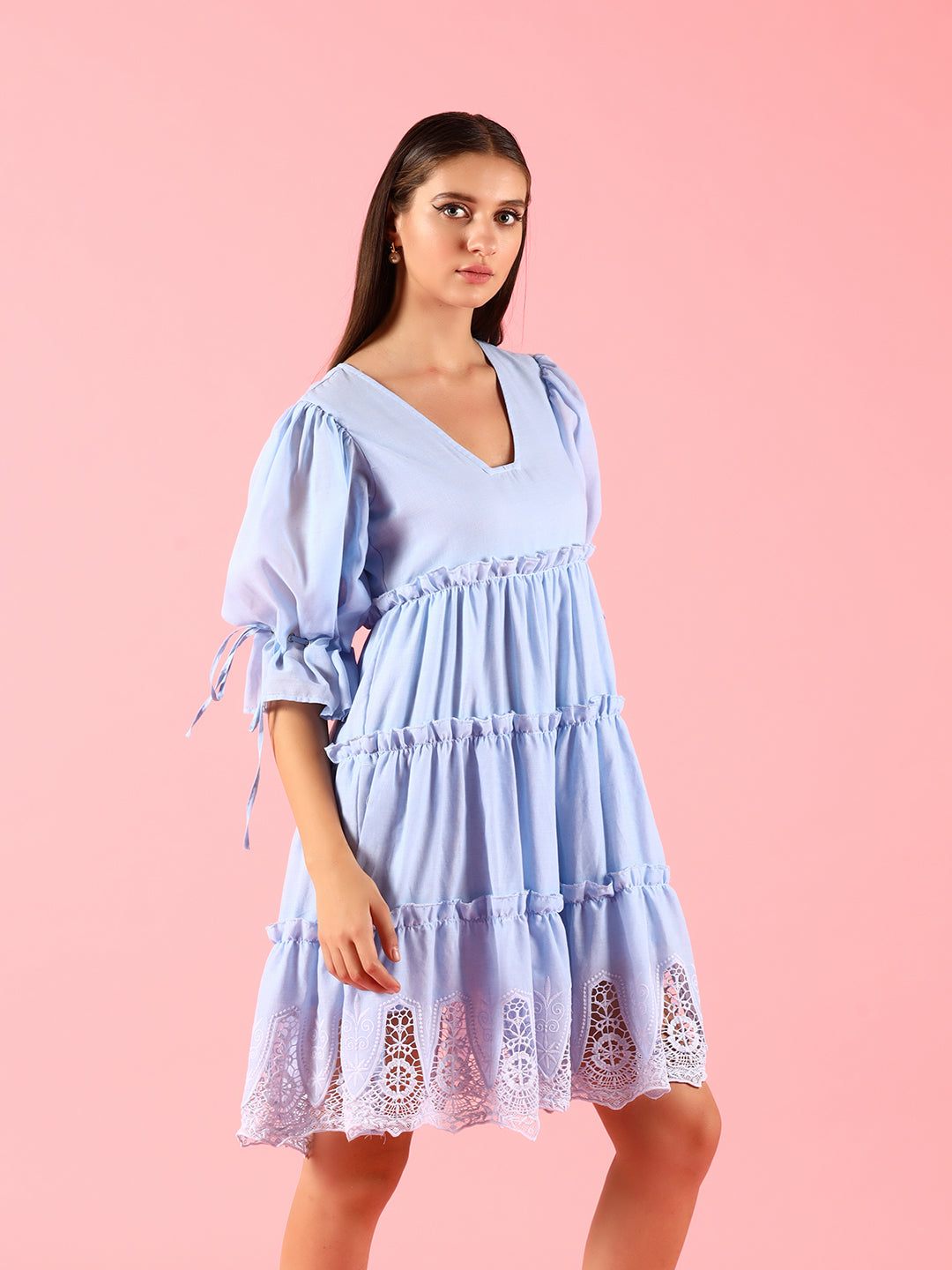 Pure Cotton Blue Schiffli Dress