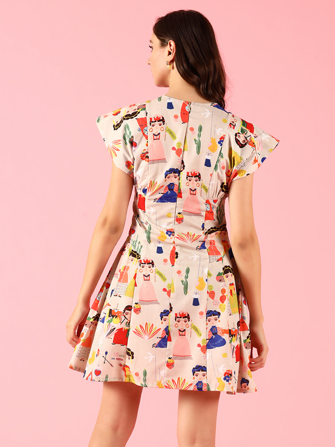 Flared Pleated Cartoon Print Dress