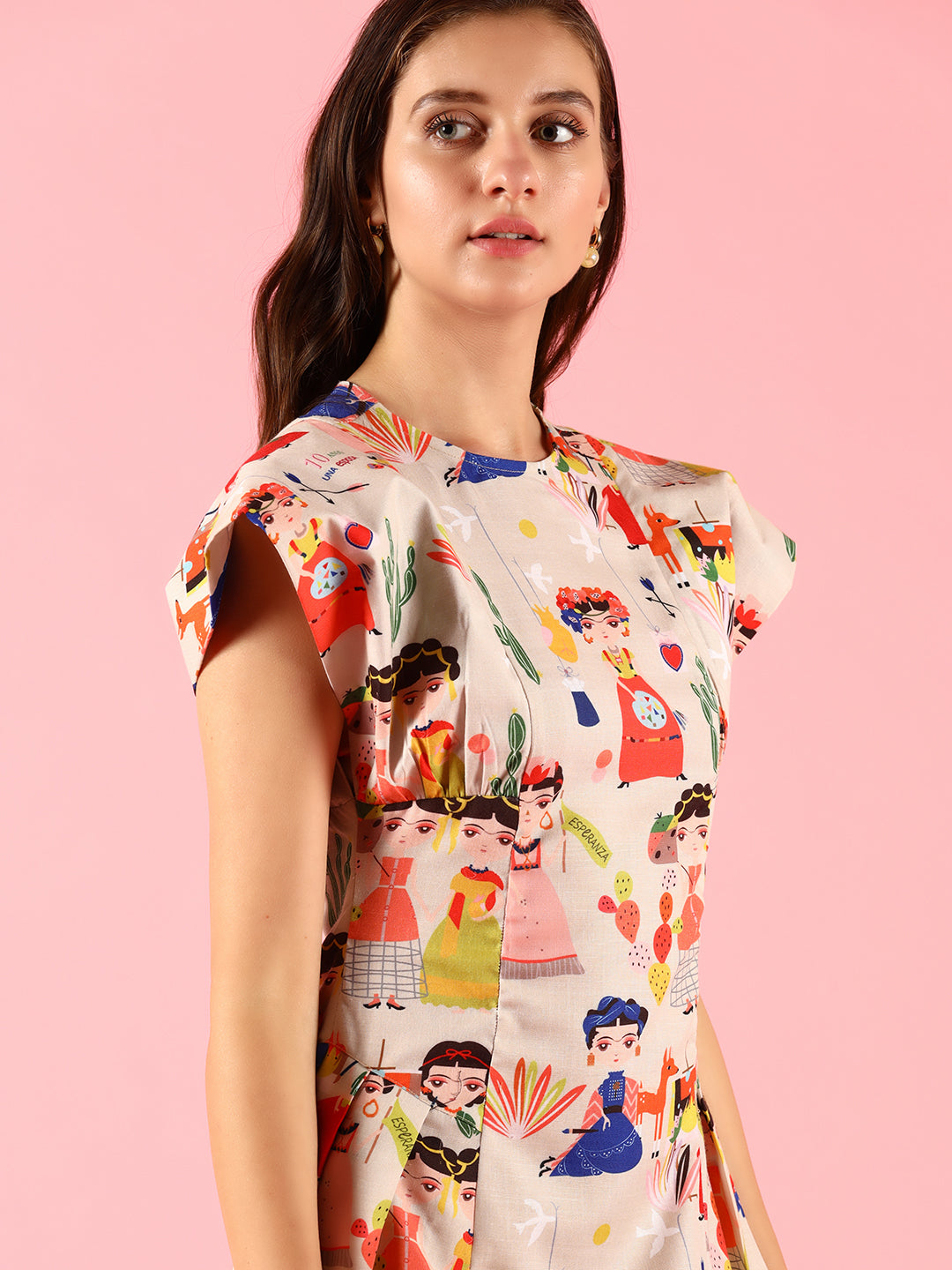 Flared Pleated Cartoon Print Dress