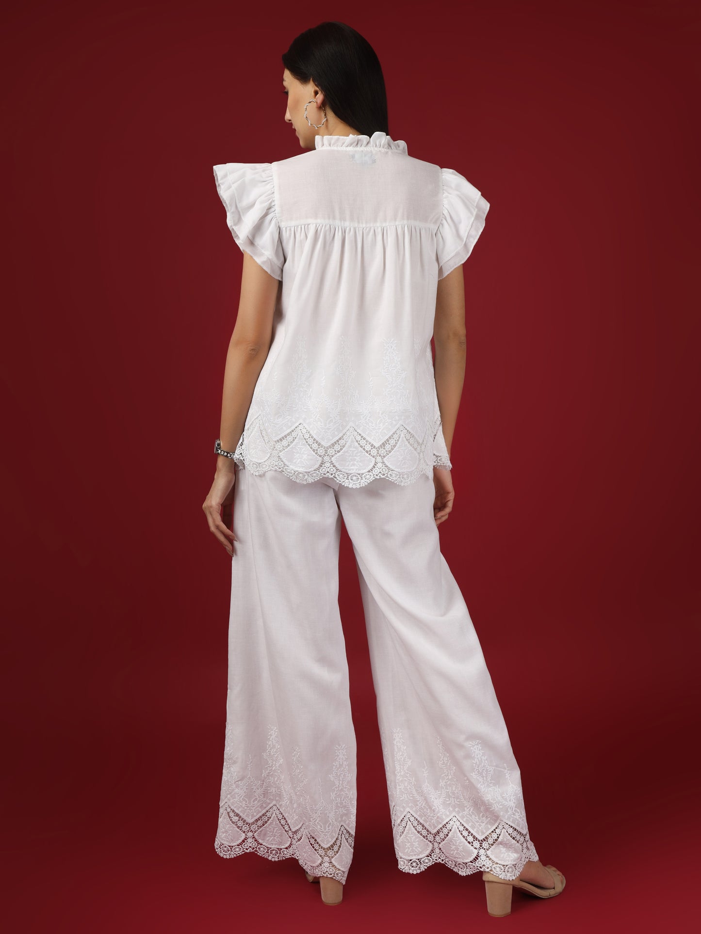 White Embroidered Cotton Top with Palazzo - Set of 2