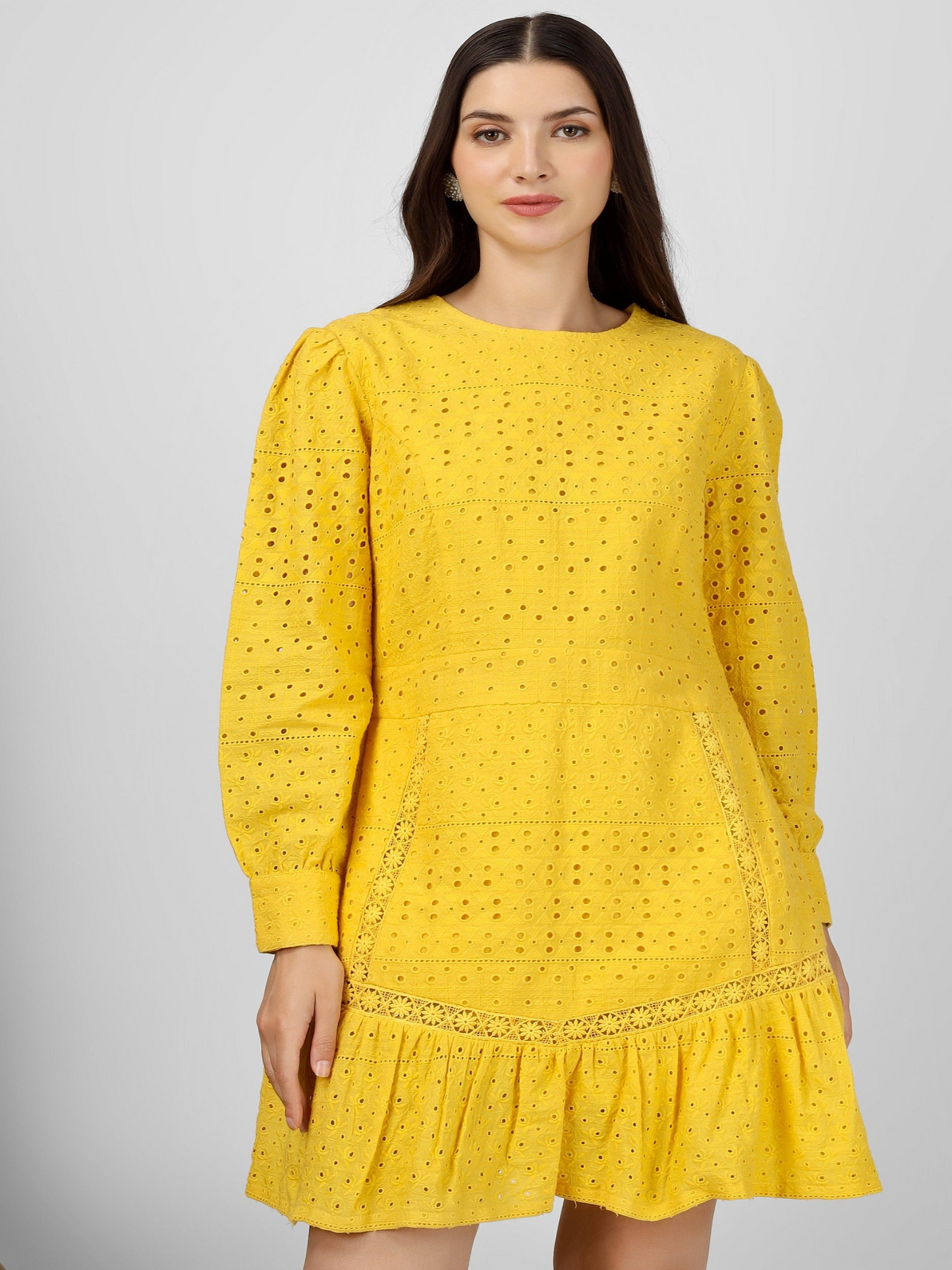 Yellow Embroidered Cotton Schiffli Dress