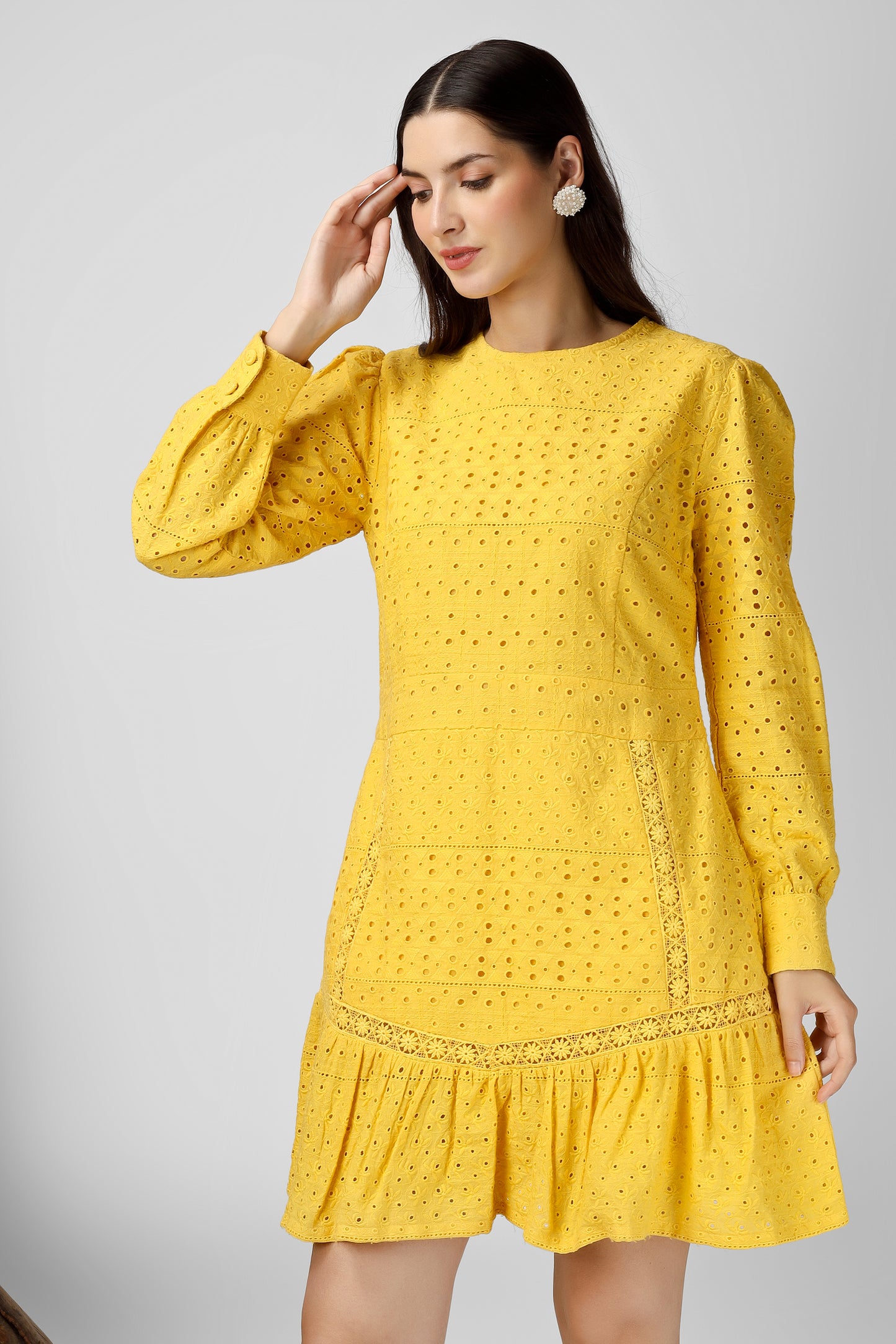 Yellow Embroidered Cotton Schiffli Dress