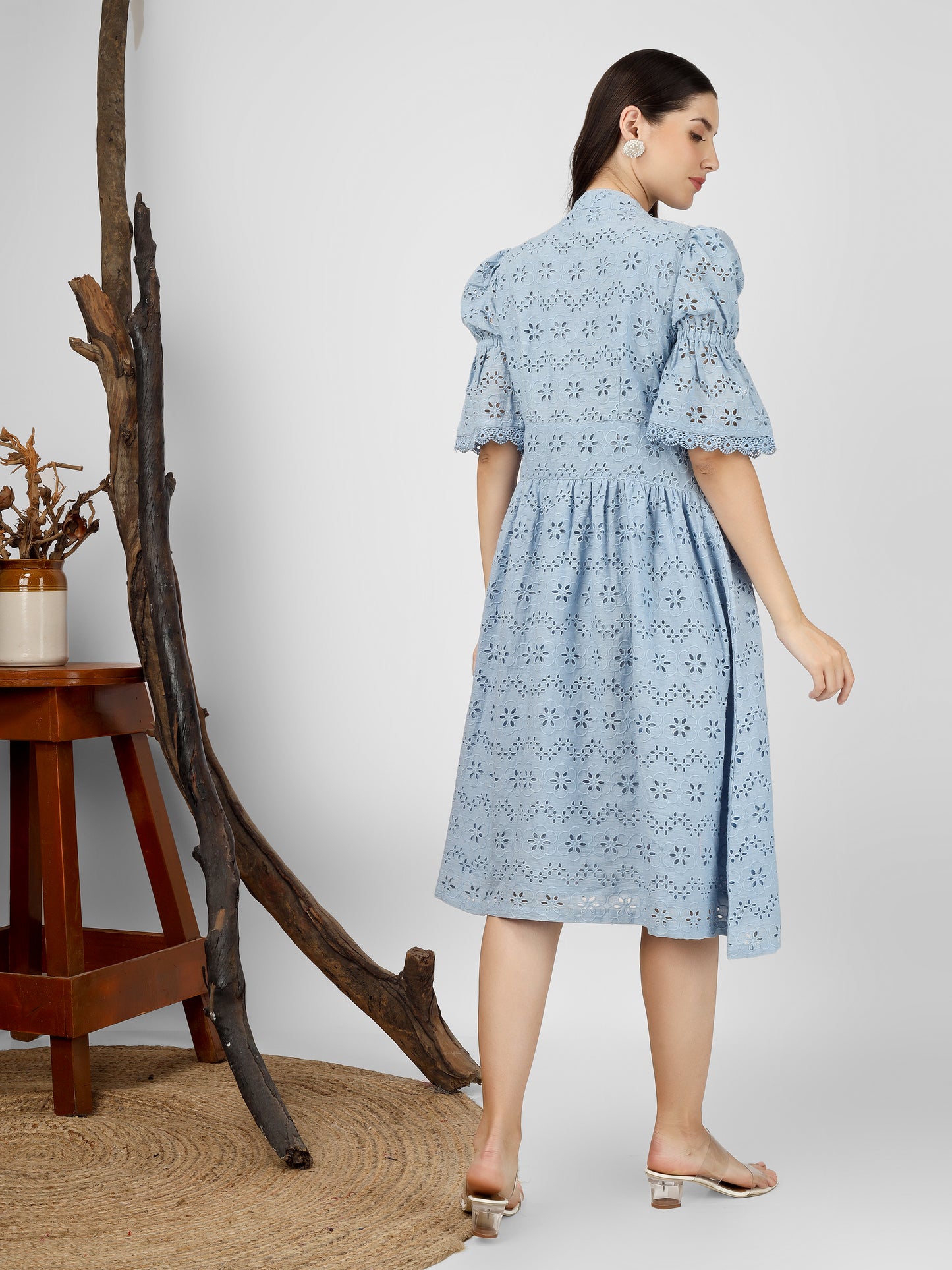 Powder Blue Embroidered Cotton Schiffli Dress