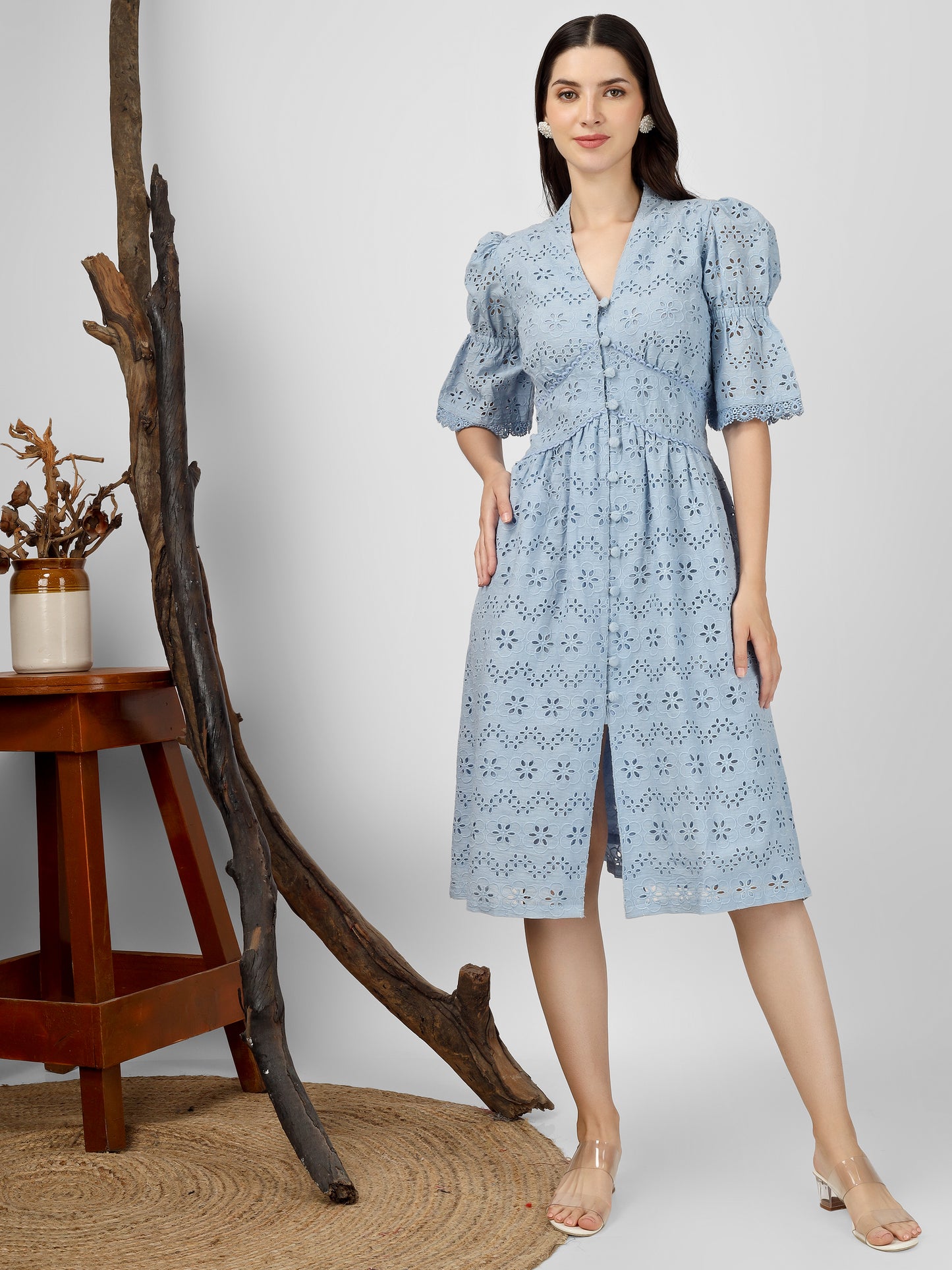 Powder Blue Embroidered Cotton Schiffli Dress