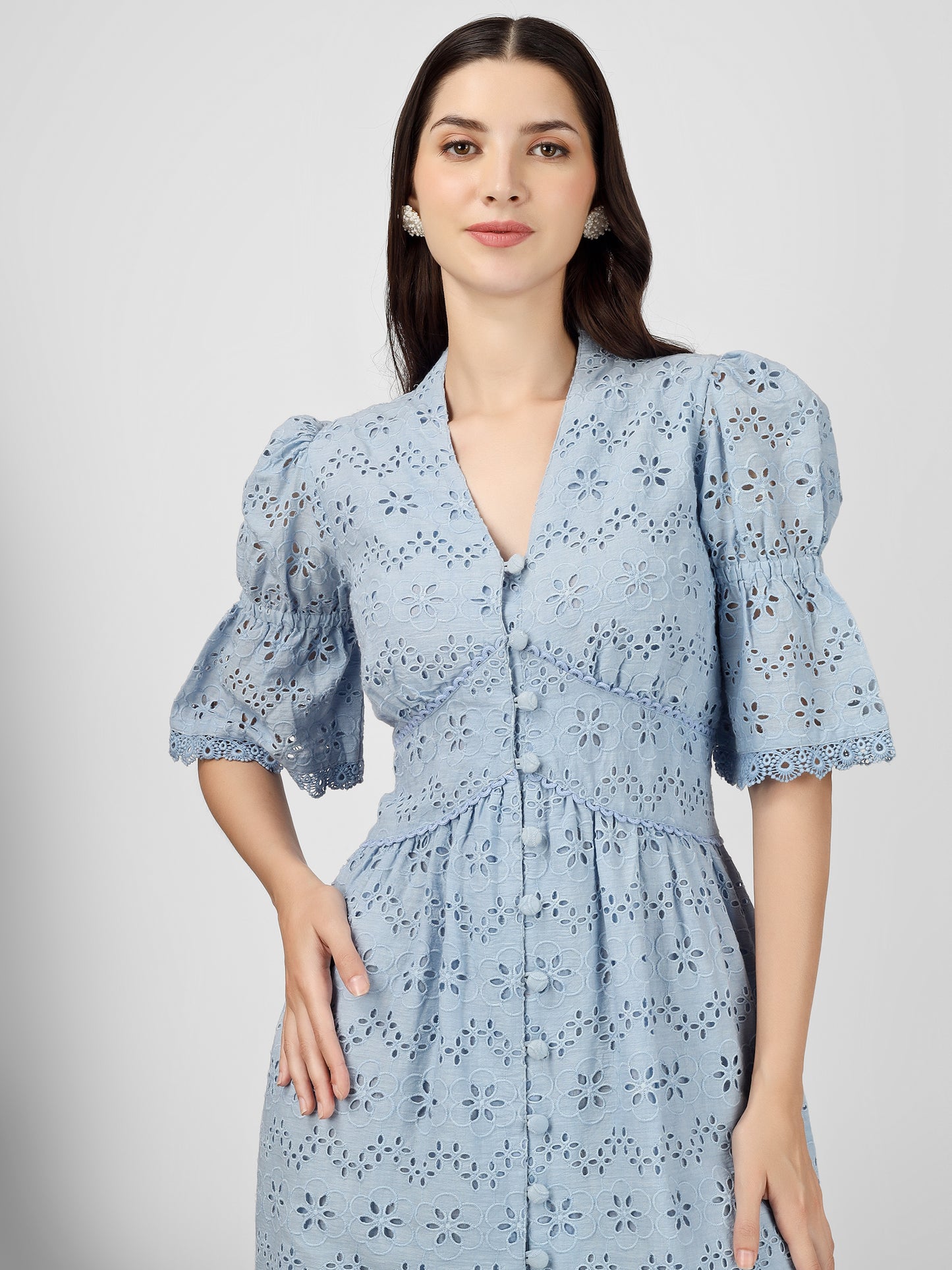 Powder Blue Embroidered Cotton Schiffli Dress